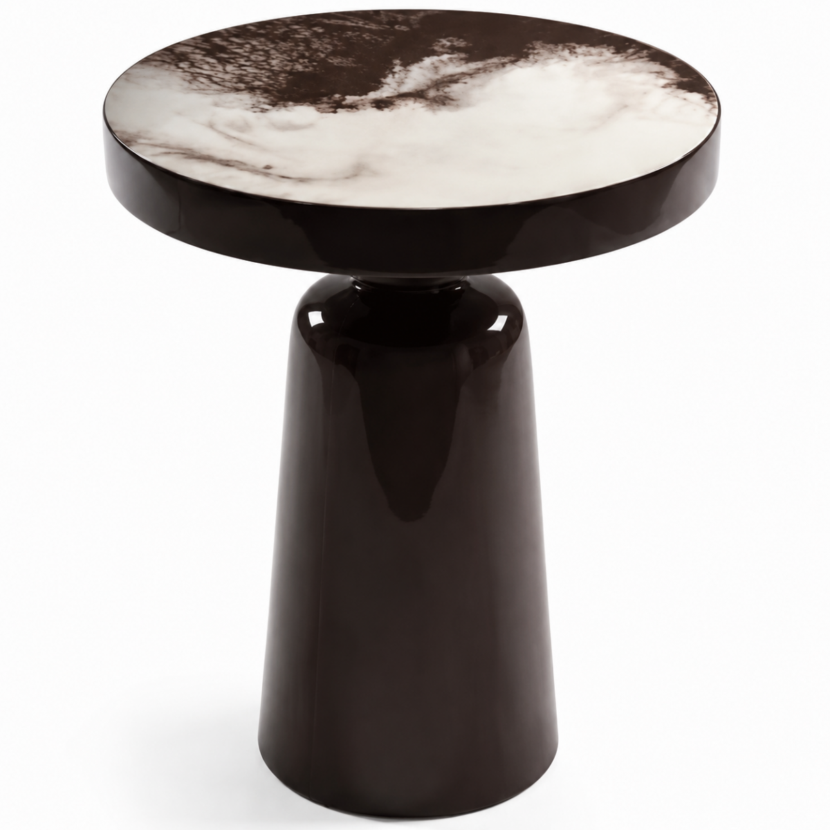 Dark Brown glossy finish Luxury Modern Side Table with round veined top by Luxury Group International
