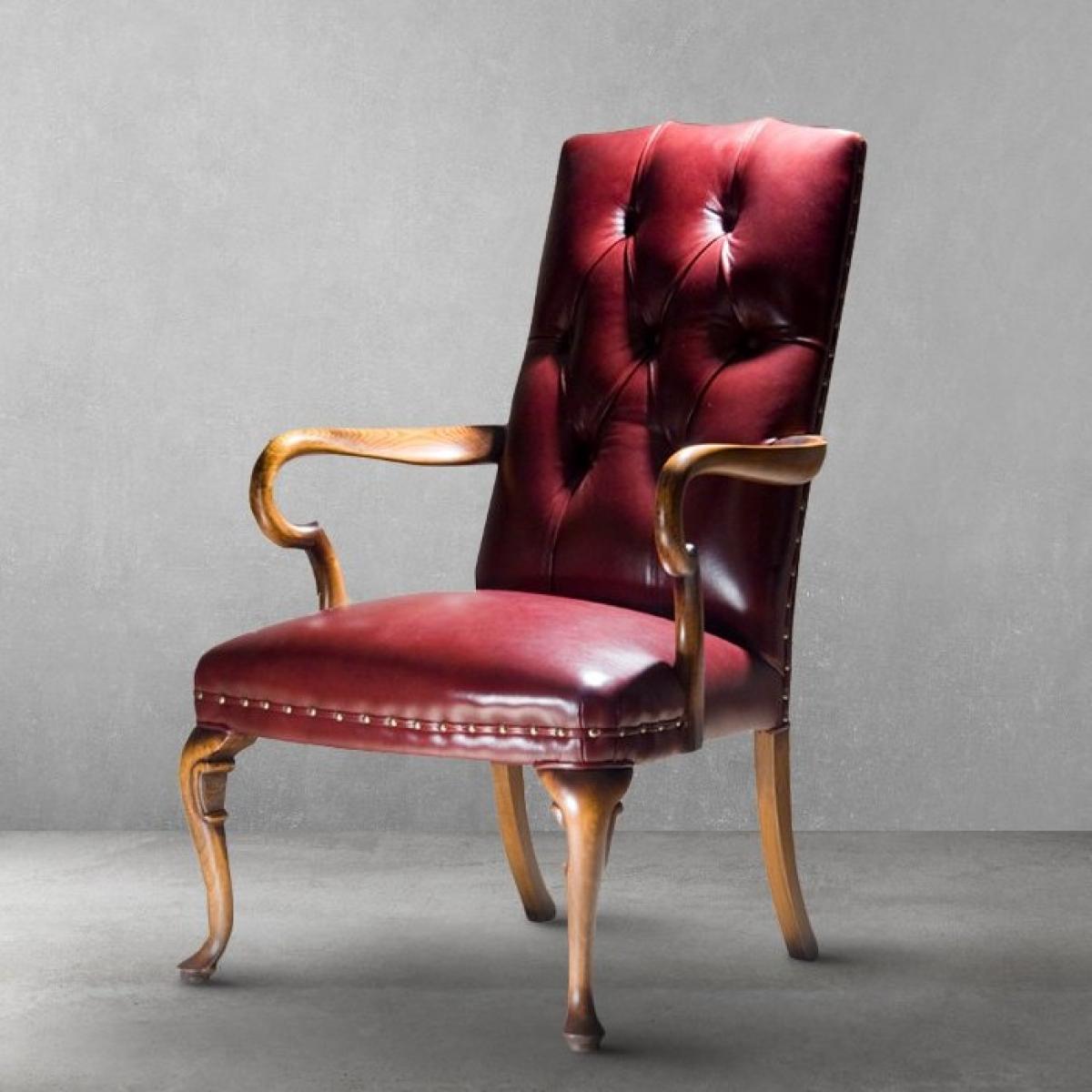 Deep Tufted Chesterfield Luxury Leather Armchair with Sculpted Wooden Arms - Dining Room Furniture Front View by Luxury Group International