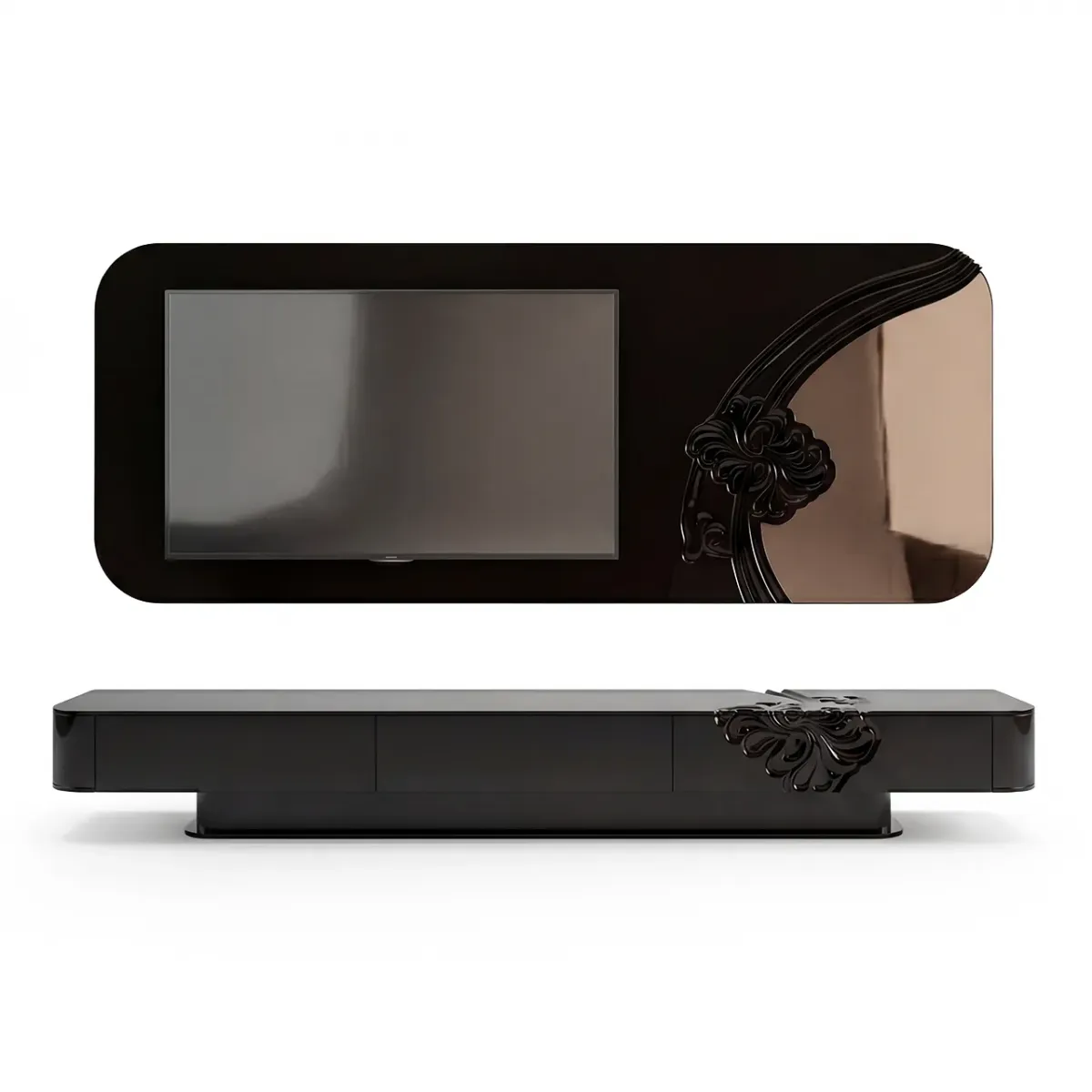 Meuble TV de luxe en bois brun foncé avec design floral sculpté par Luxury Group International