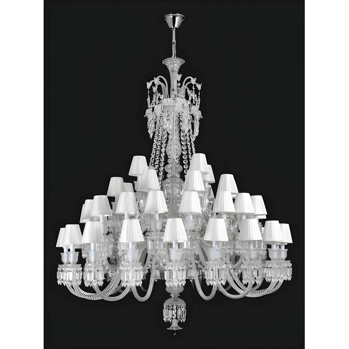 Elegant 48-Lights Glamorous Luxury Chandelier in Clear Glass Crystal with White Bell Shades by Luxury Group International