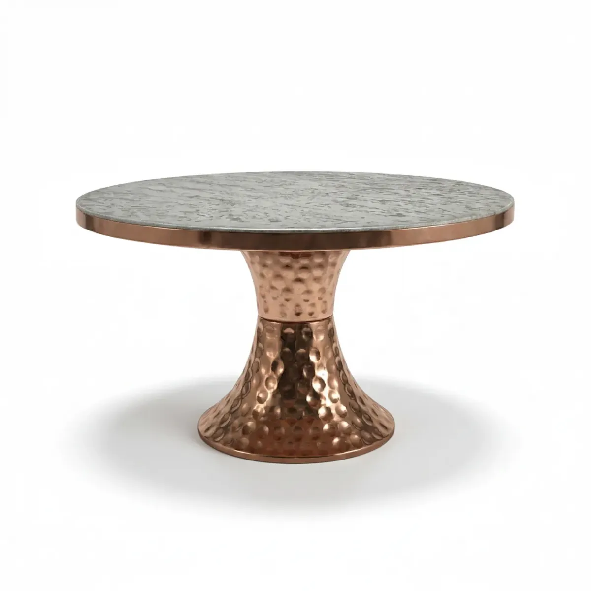 Dark gray marble round top luxury modern dining table with rose gold base by Luxury Group International