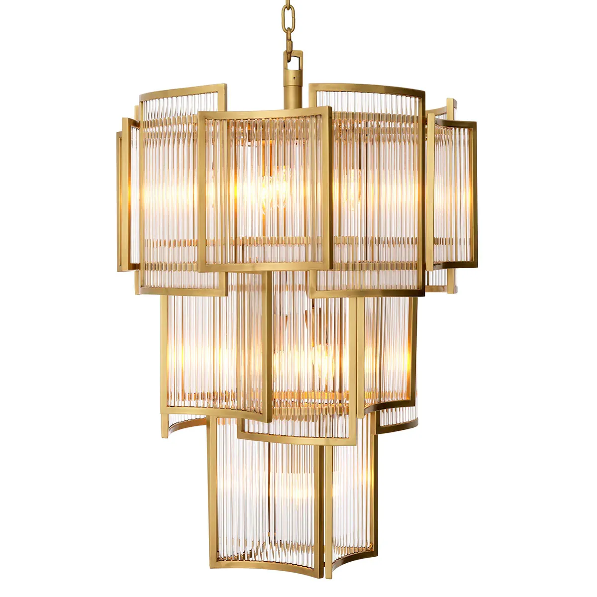 Golden Art Deco Luxury Crystal Chandelier in Antique Brass Finish with Clear Glass Rods by Luxury Group International