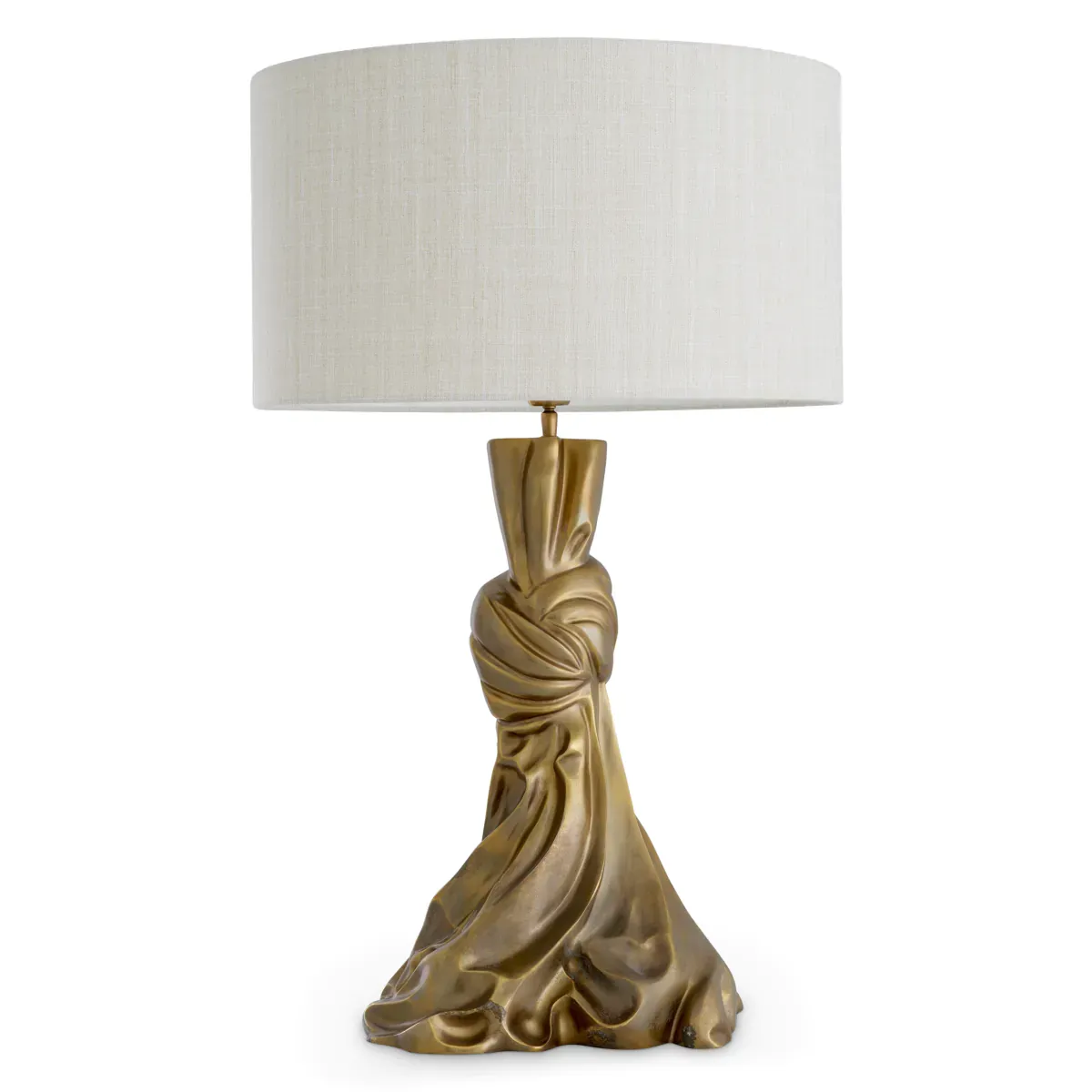 Modern vintage brass finish sculptural luxury table lamp with off-white lamp shade by Luxury Group International