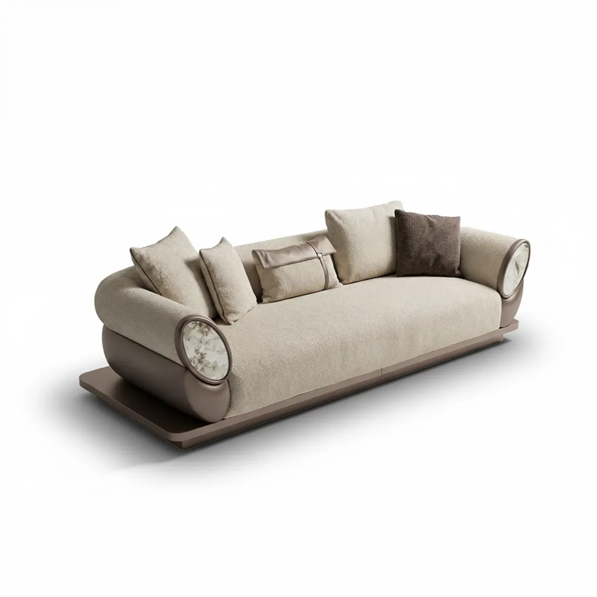 Divano Moderno Elegante in Tessuto Opaco Beige Crema con Braccioli Curvi di Luxury Group International