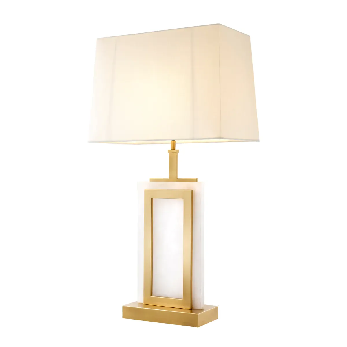White Elegant Modern Luxury Table Lamp in Gold Matte Brass with Alabaster Rectangular Frame by Luxury Group International