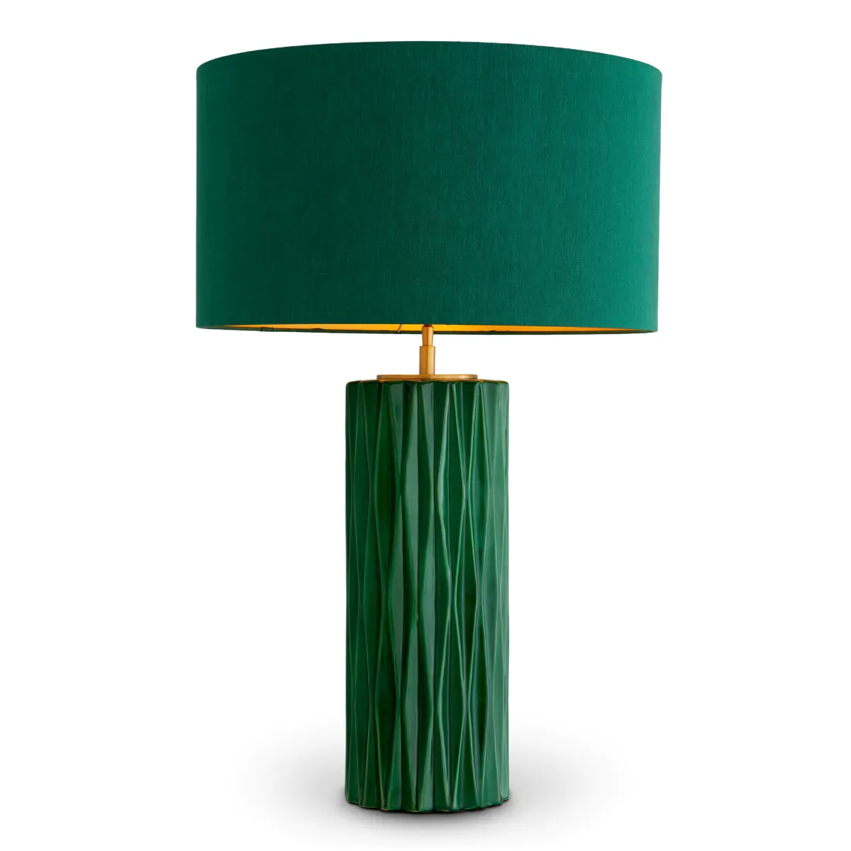 Green decorative ceramic table lamp with luxury green shade & antique brass finish by Luxury Group International
