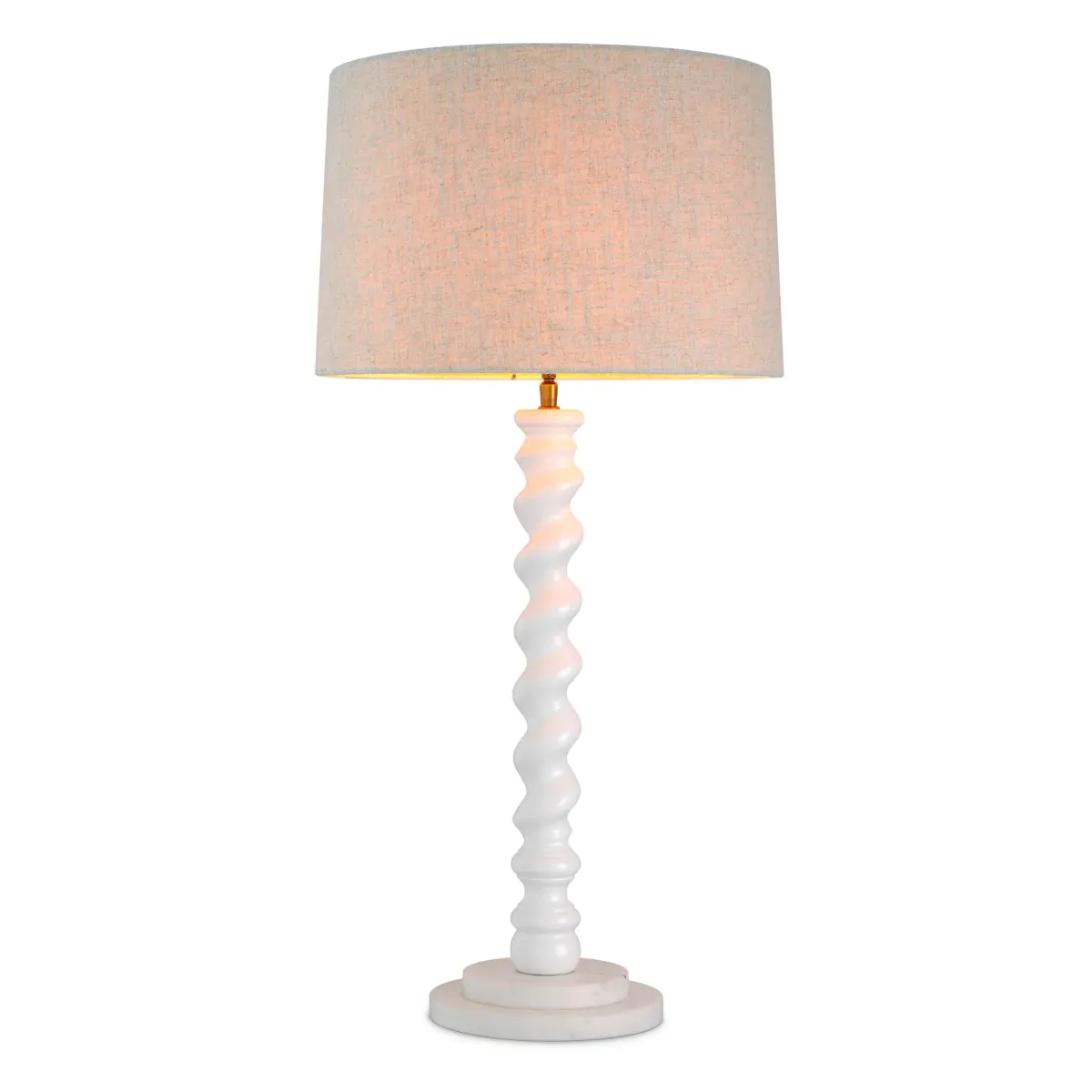 Elegant modern luxury table lamp in Piano white finish with beige shade and white marble base by Luxury Group International