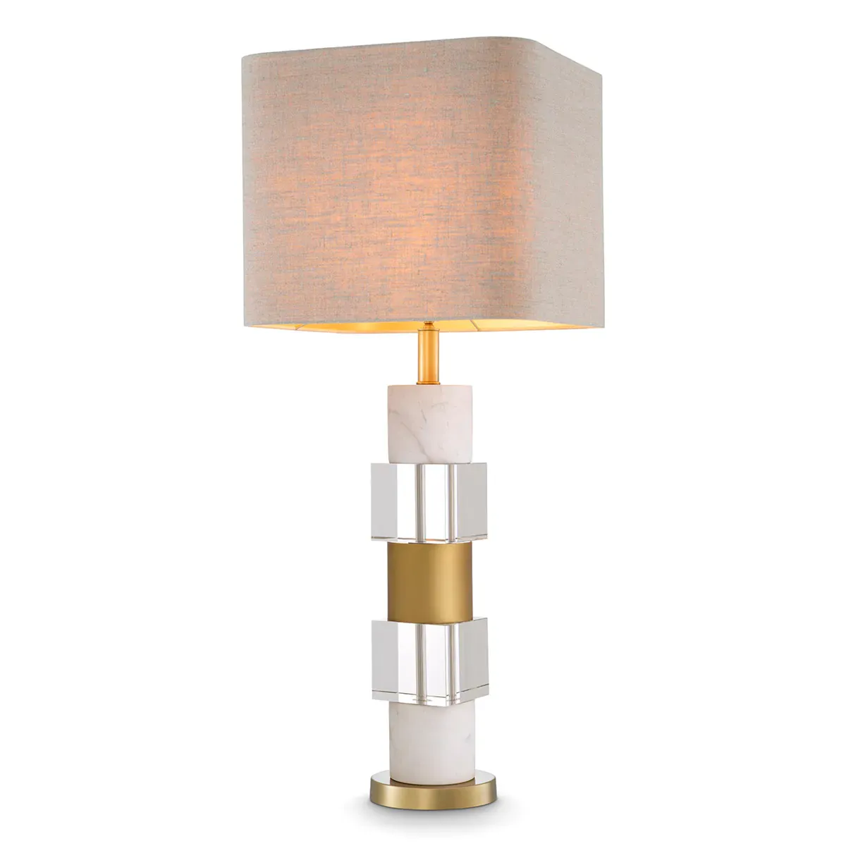 Elegant modern table lamp in white marble with antique brass finish crystal glass by Luxury Group International