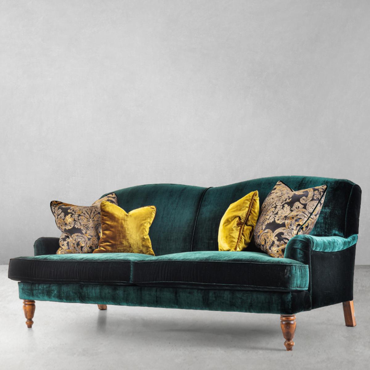 Emerald Green Luxury Velvet 3-Seater Sofa with Curved Backrest & Turned Wooden Legs Front View by Luxury Group International