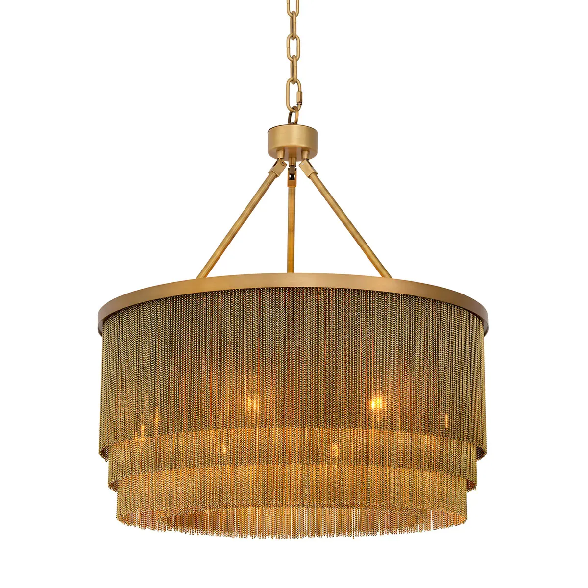 Golden chain fringe modern luxury drum shaped layered chandelier by Luxury Group International