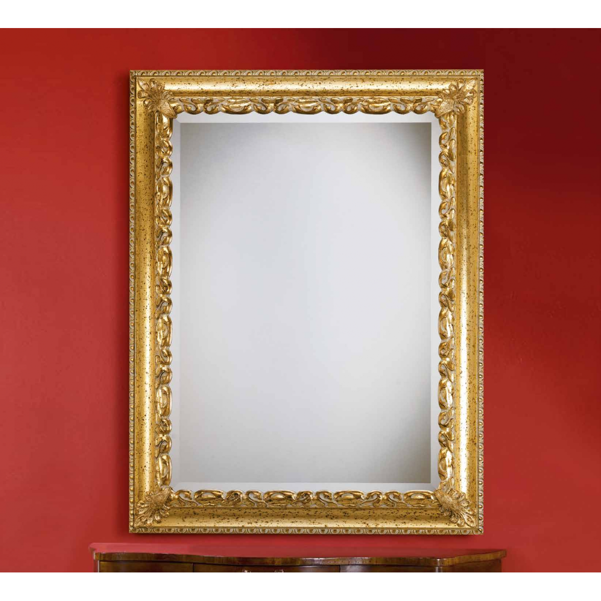 Gold Leaf Hand-Carved Scroll Baroque Luxury Wall Mirror with Red Clay Patina & Corner Flower Details Front View by Luxury Group International