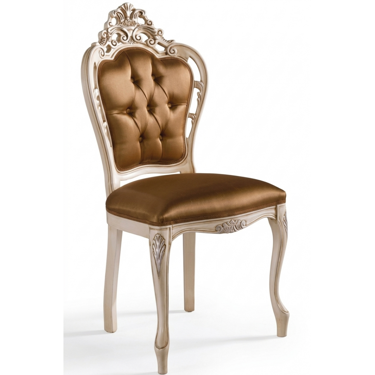 Chaise de Salle à Manger Baroque de Luxe Capitonnée Boutonnée en Satin Doré avec Couronne Sculptée et Cadre Ivoire - Mobilier de Salle à Manger Vue de face par Luxury Group International