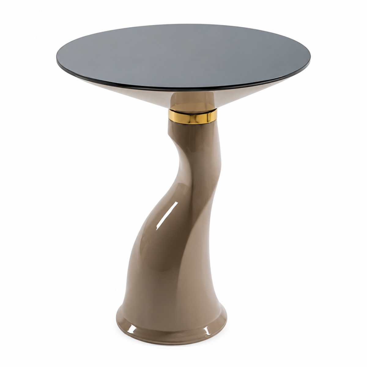 Gray Round Top Luxury Modern Side Table in Gold Polished Metal with Hourglass Base by Luxury Group International
