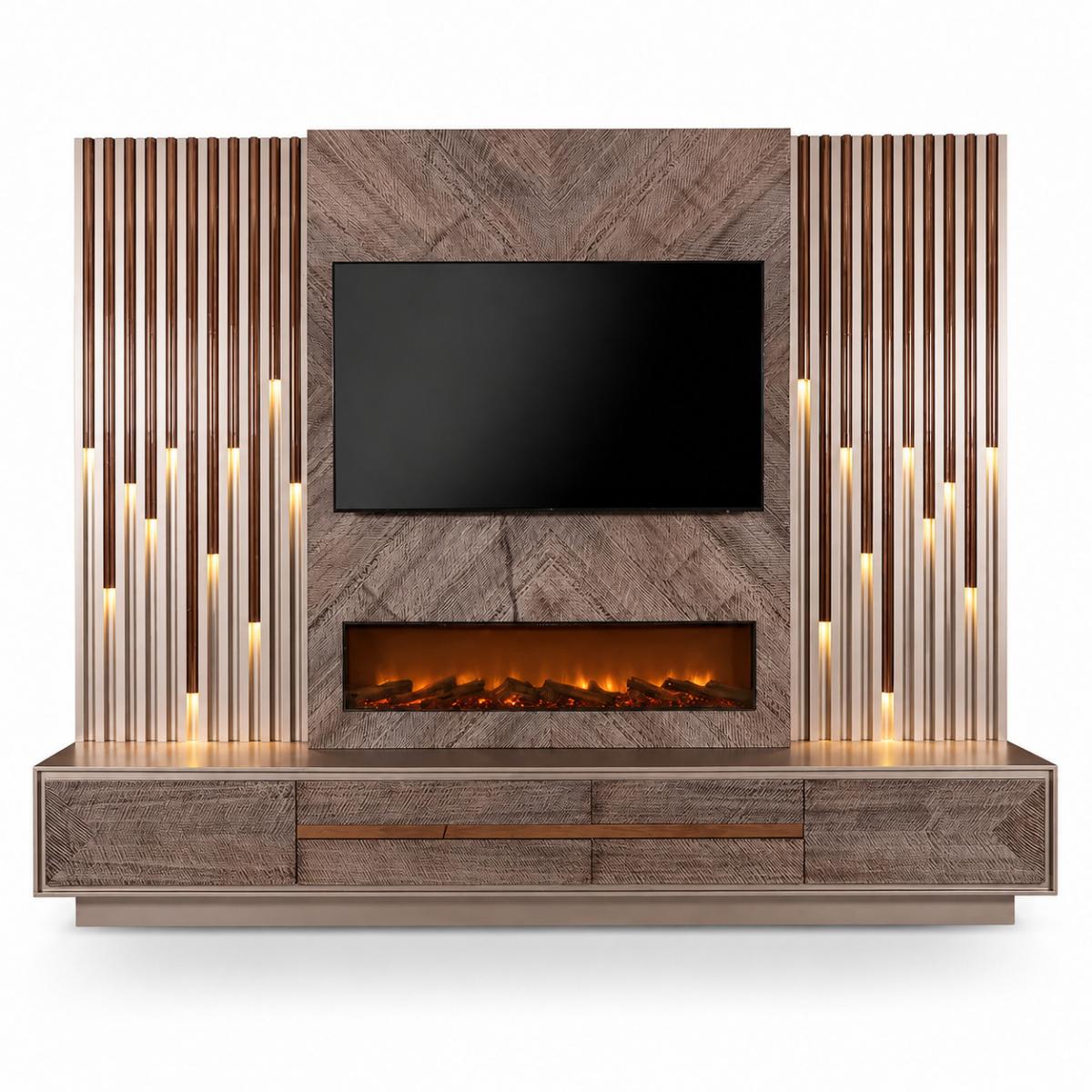 Mueble de TV Moderno de Lujo Gris-Marrón con Iluminación LED y Chimenea por Luxury Group International