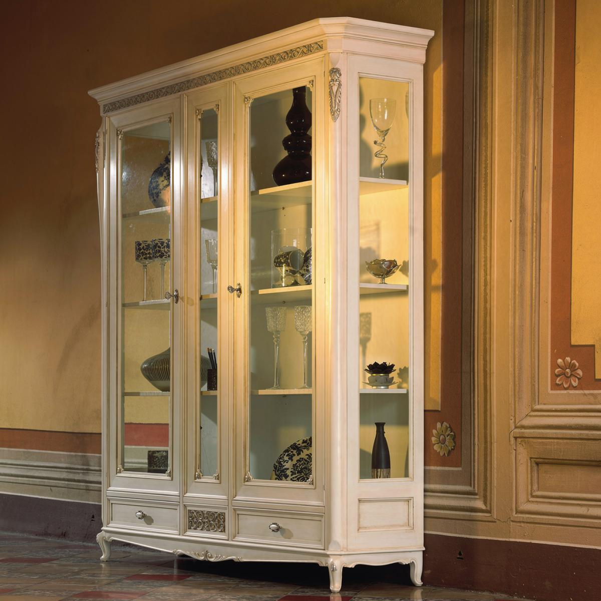 Ivory Baroque Double Door Glass Luxury Display Cabinet with Sculpted Trim Details - Baroque Furniture Front View by Luxury Group International