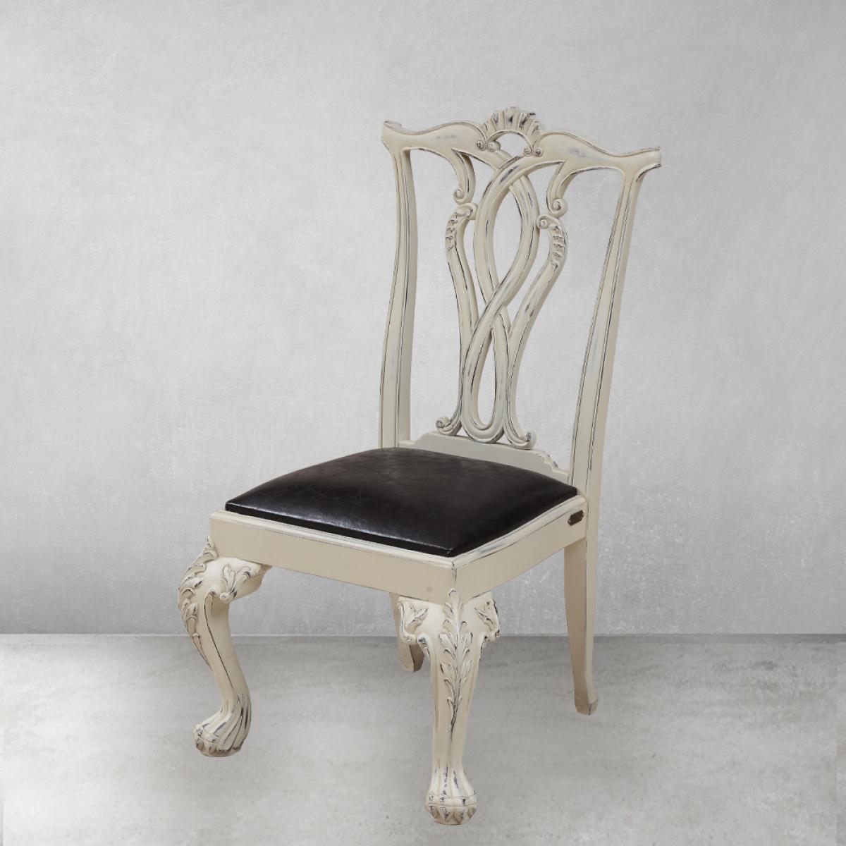 Ivory Baroque Luxury Dining Chair with Leather Upholstery & Sculpted Backrest - Dining Room Furniture Front View by Luxury Group International