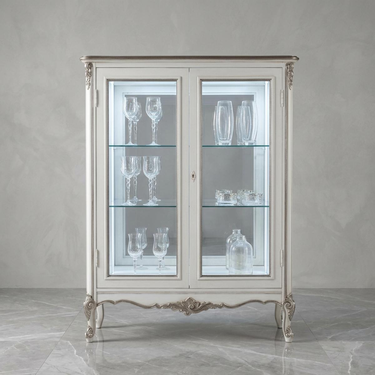 Ivory Baroque Luxury Display Cabinet with Glass Doors & Silver accent Curved Base - Baroque Furniture Front View by Luxury Group International