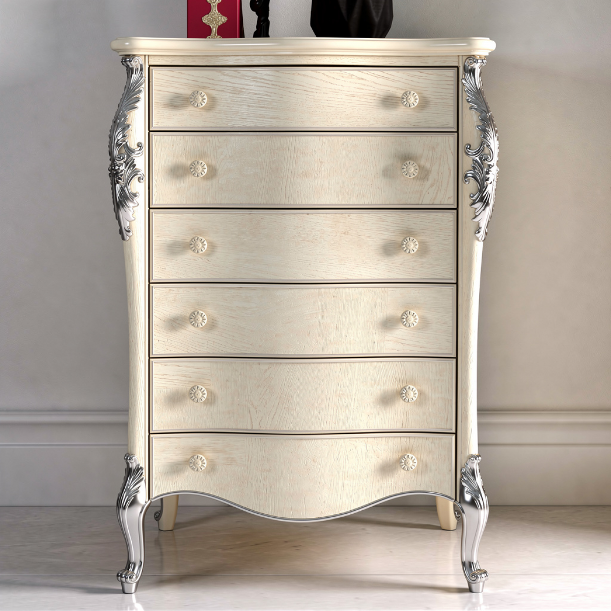 Ivory Baroque Luxury Dresser with Silver Leaf Carved Detailing — Multi-Drawer Storage - Bedroom Furniture Front View by Luxury Group International