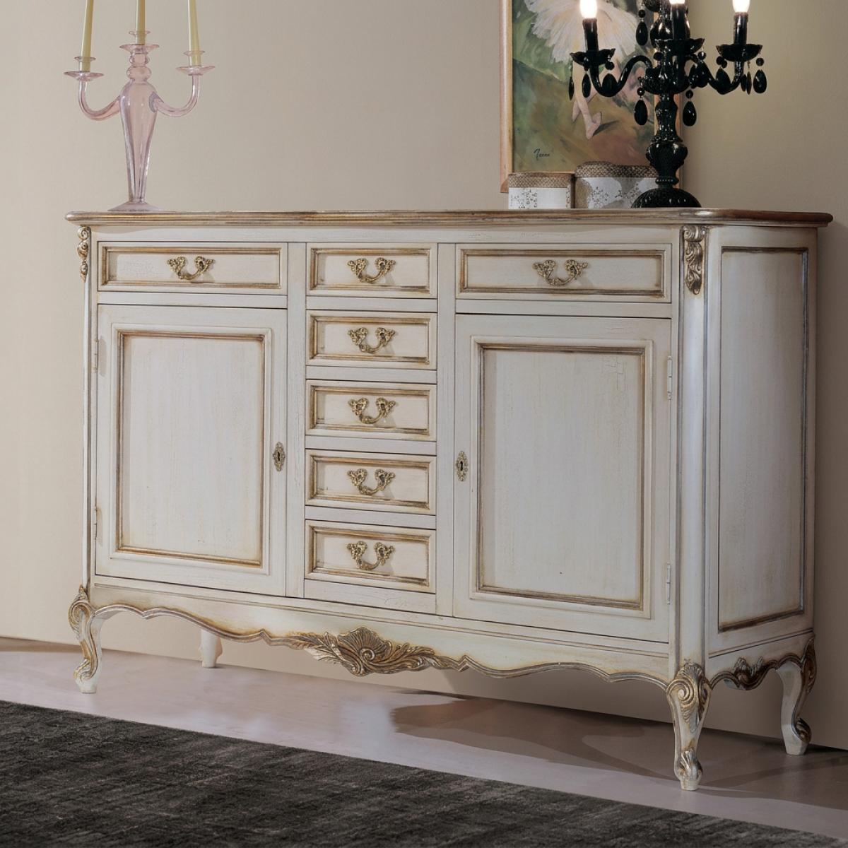 Elfenbeinfarbenes Barock Luxus Sideboard mit Mehrfach-Schubladenaufbewahrung und Skulpturiertem Geschwungenem Sockel – Barockmöbel Vorderansicht von Luxury Group International