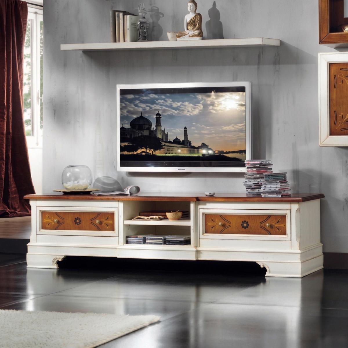 Ivory Baroque Luxury Television Furniture with Marquetry Drawer Fronts & Open Media Shelf - Baroque Furniture Front View by Luxury Group International