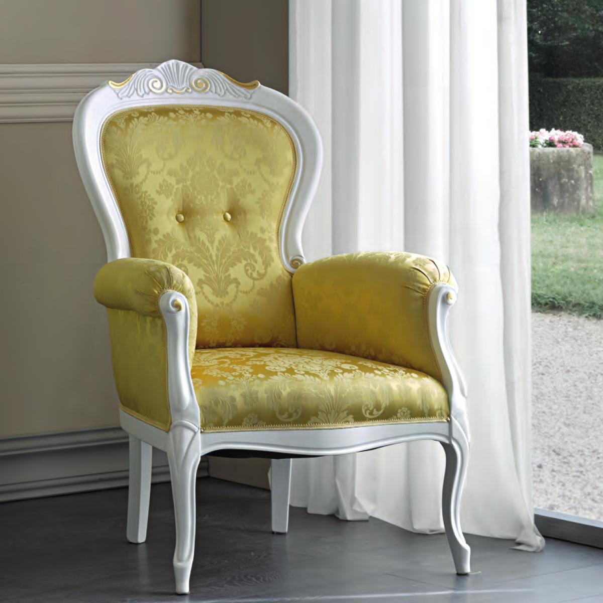 Ivory Baroque Luxury Upholstered Armchair in Gold Pattern Damask Fabric - Baroque Furniture Front View by Luxury Group International
