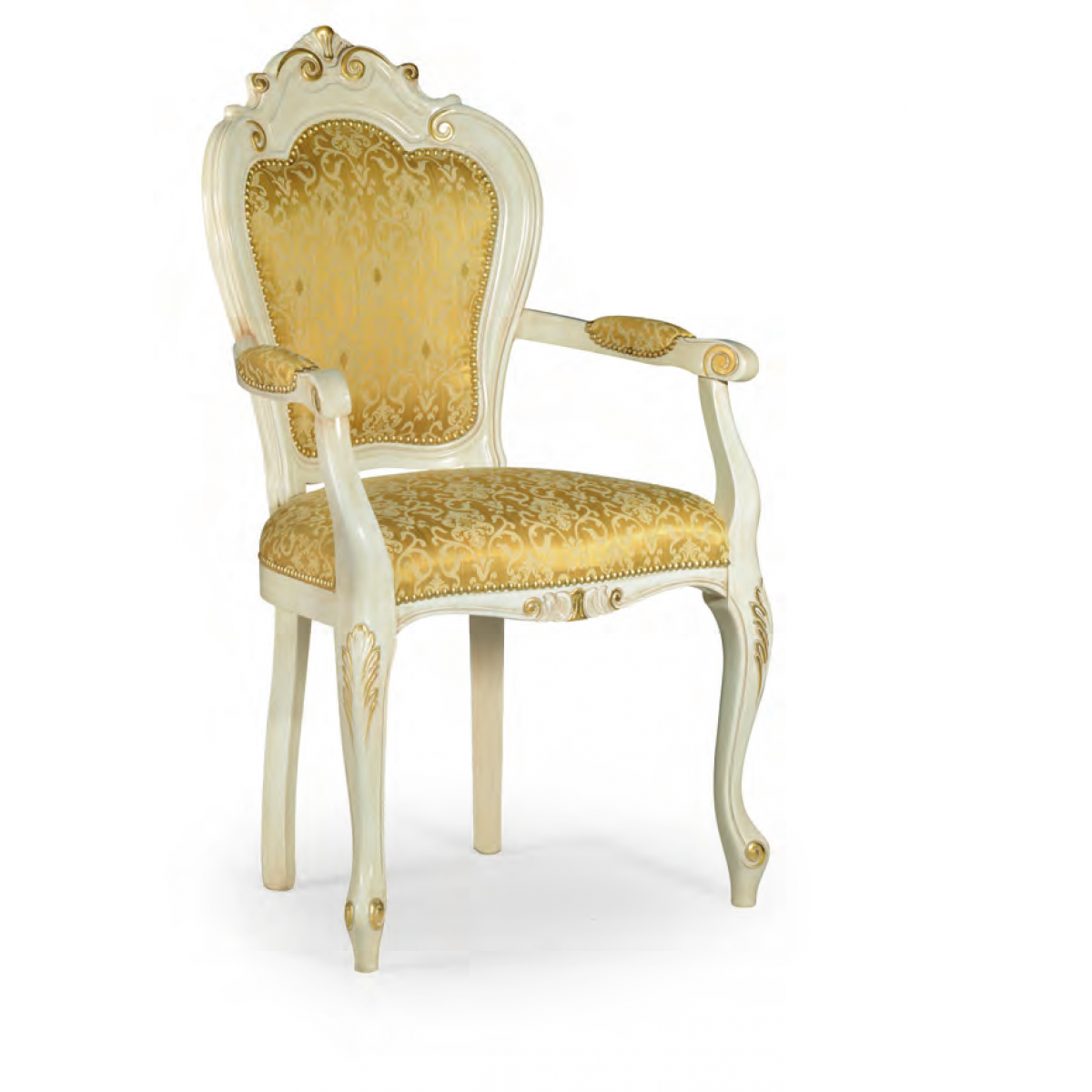 Ivory Baroque Luxury Upholstered Dining Armchair with Gold Pattern Fabric in Sculpted Frame - Baroque Furniture Front View by Luxury Group International
