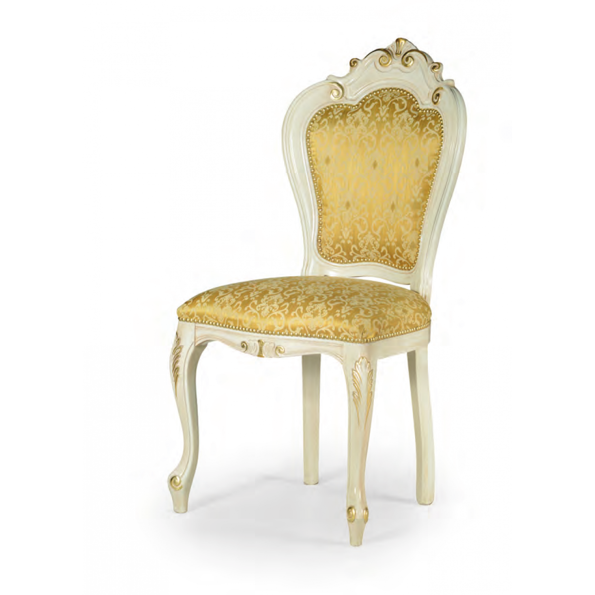 Ivory Baroque Luxury Upholstered Dining Chair with Gold Pattern Fabric and Hand-Carved Frame - Baroque Furniture Front View by Luxury Group International