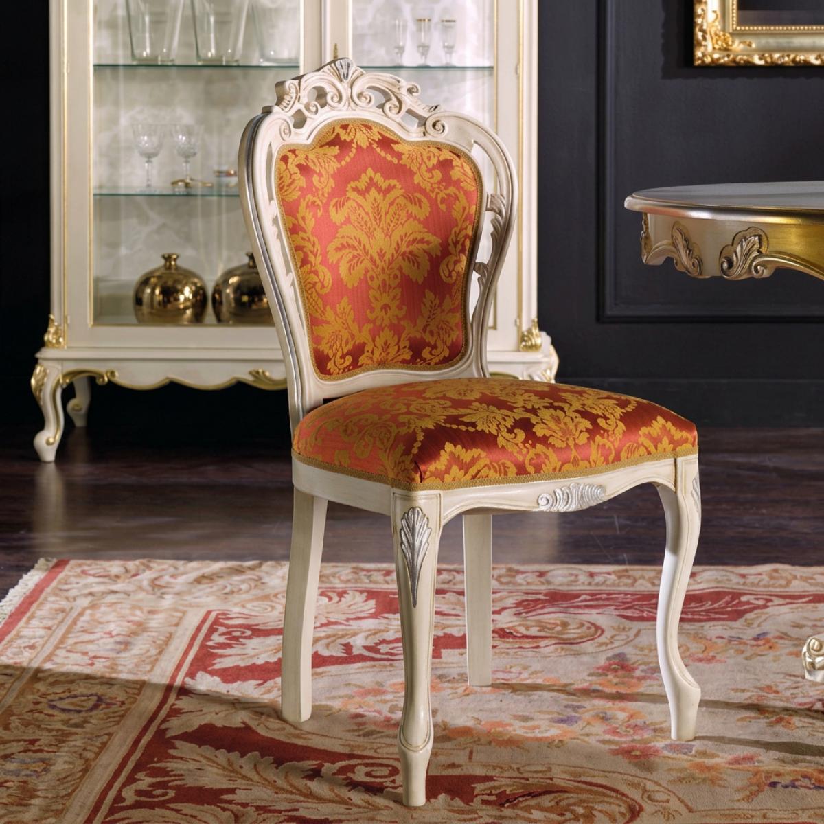 Ivory Baroque Luxury Upholstered Dining Chair with Red Gold Damask Fabric in Carved Frame - Baroque Furniture Front View by Luxury Group International
