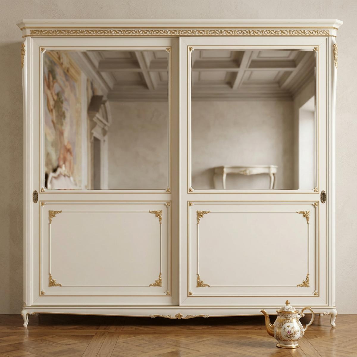 Ivory Baroque Luxury Wardrobe Cabinet with Mirrored Sliding Doors & Decorative Gold Accents - Baroque Furniture Front View by Luxury Group International