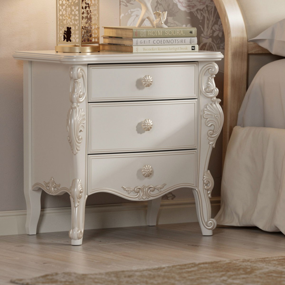 Ivory Finish Baroque Nightstand with Scroll Carved Detailing - Three Drawer Storage - Bedroom Furniture Front View by Luxury Group International