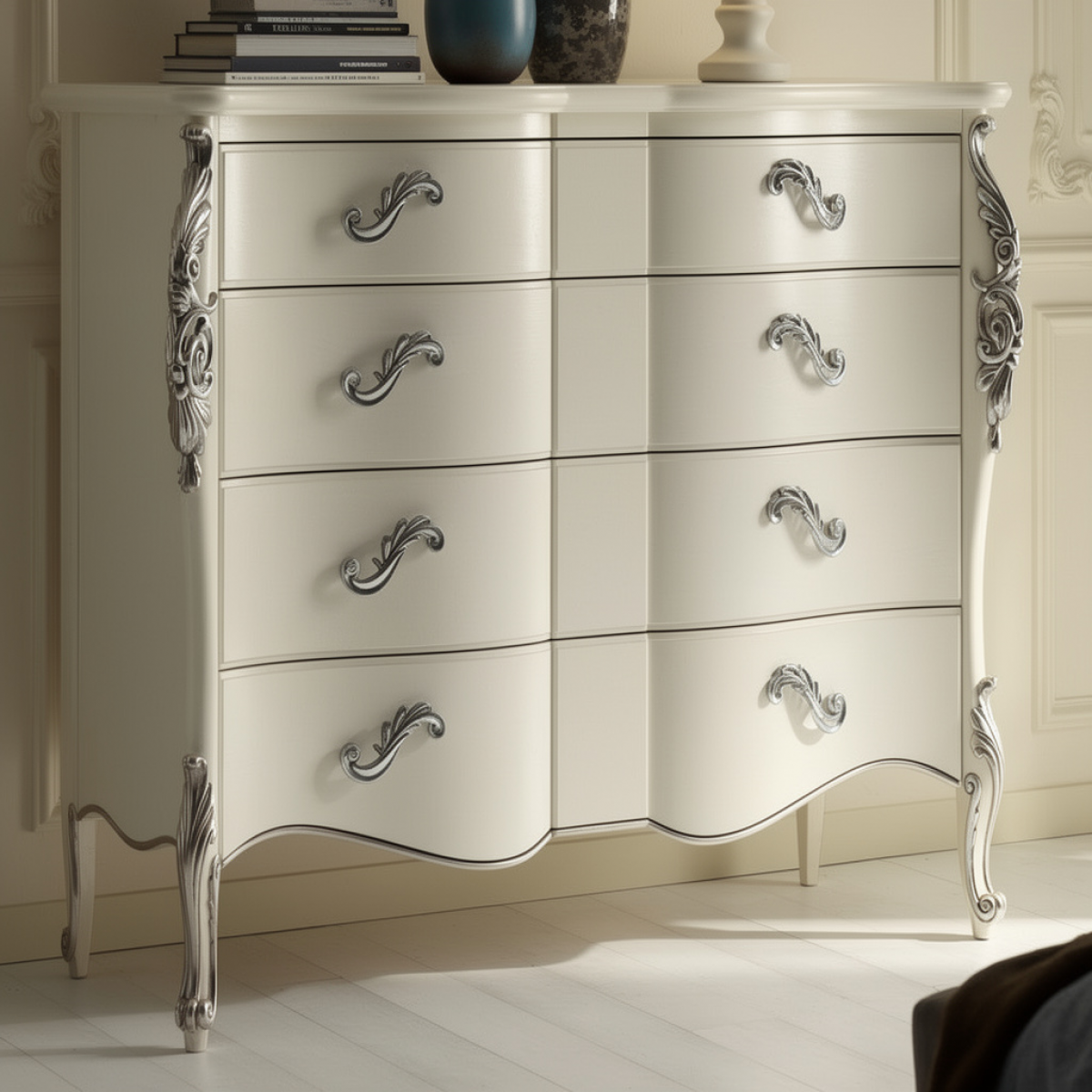 Ivory Finish Luxury Baroque Dresser with Silver Leaf Carved Detailing - Multi-Drawer Storage - Bedroom Furniture Front View by Luxury Group International