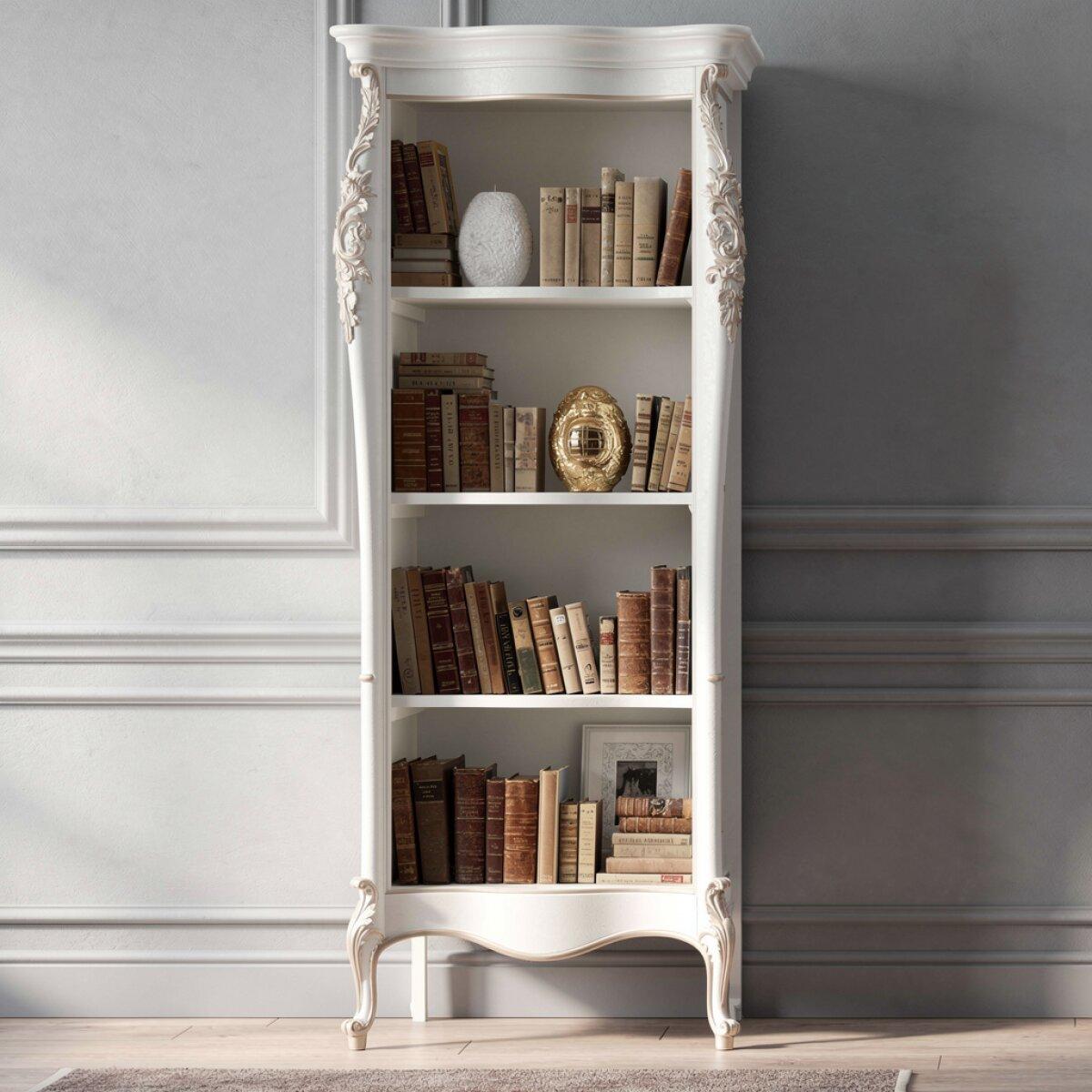 Ivory Finish Luxury Open Shelves with Baroque Floral Carved Detailing - Luxury Living Room Furniture Front View by Luxury Group International