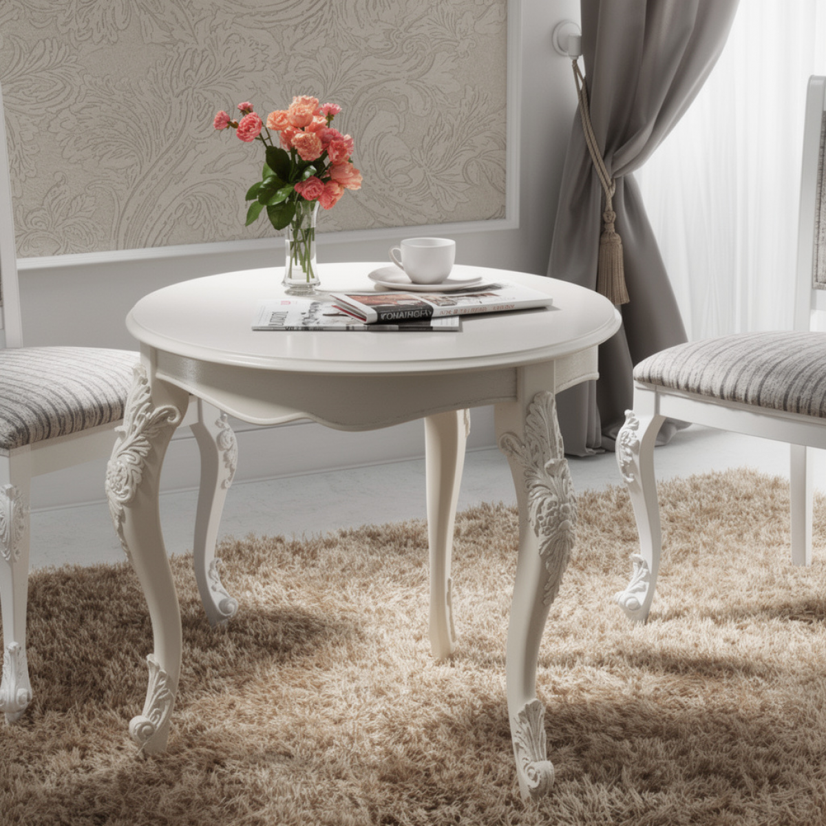 Ivory Finish Luxury Round Baroque Side Table with Carved Acanthus Cabriole Legs - Lobby & Reception Furniture Front View by Luxury Group International