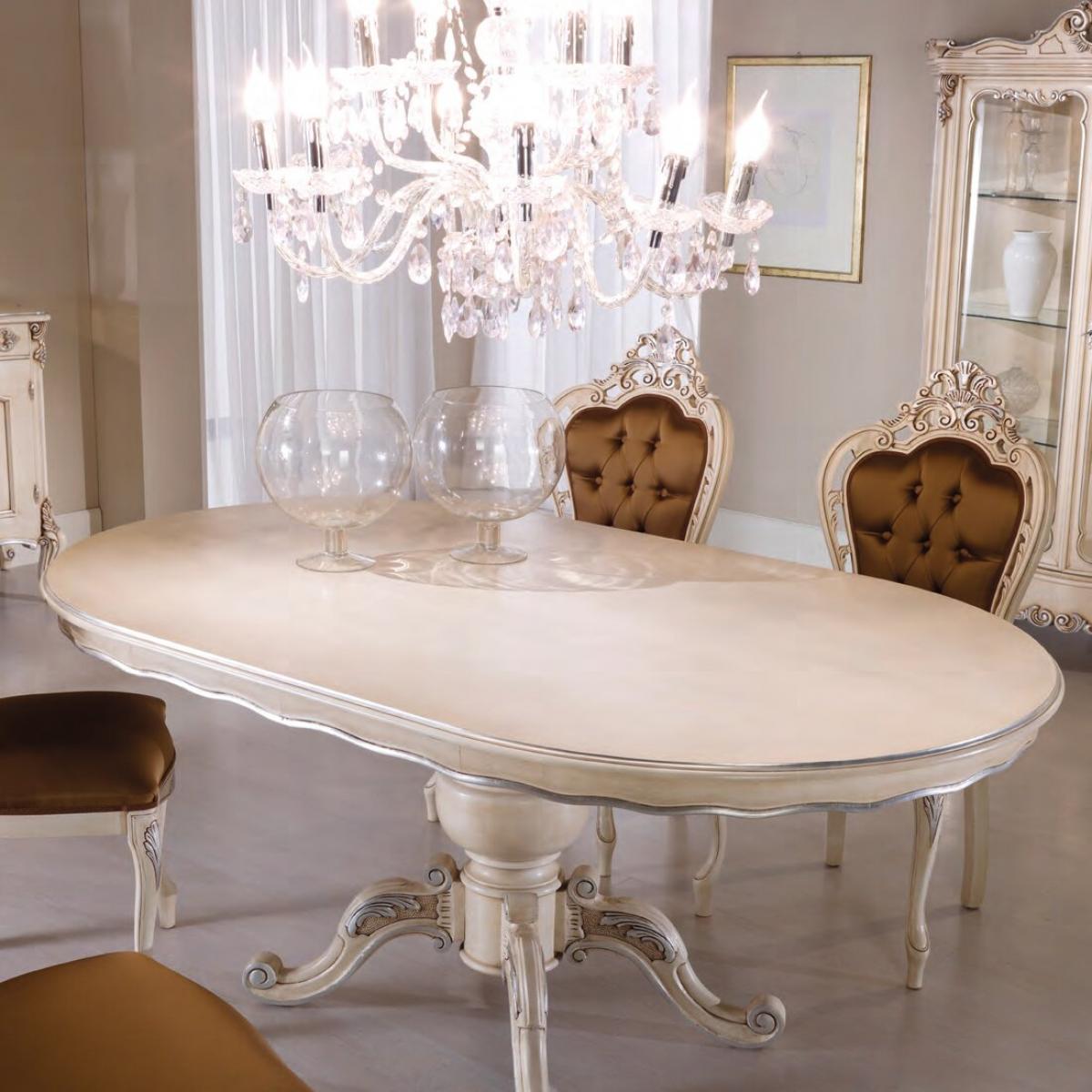 Elfenbeinfarbener ovaler barocker Luxus-Ausziehtisch mit kunstvoll gestaltetem Sockel – Barockmöbel Vorderansicht von Luxury Group International