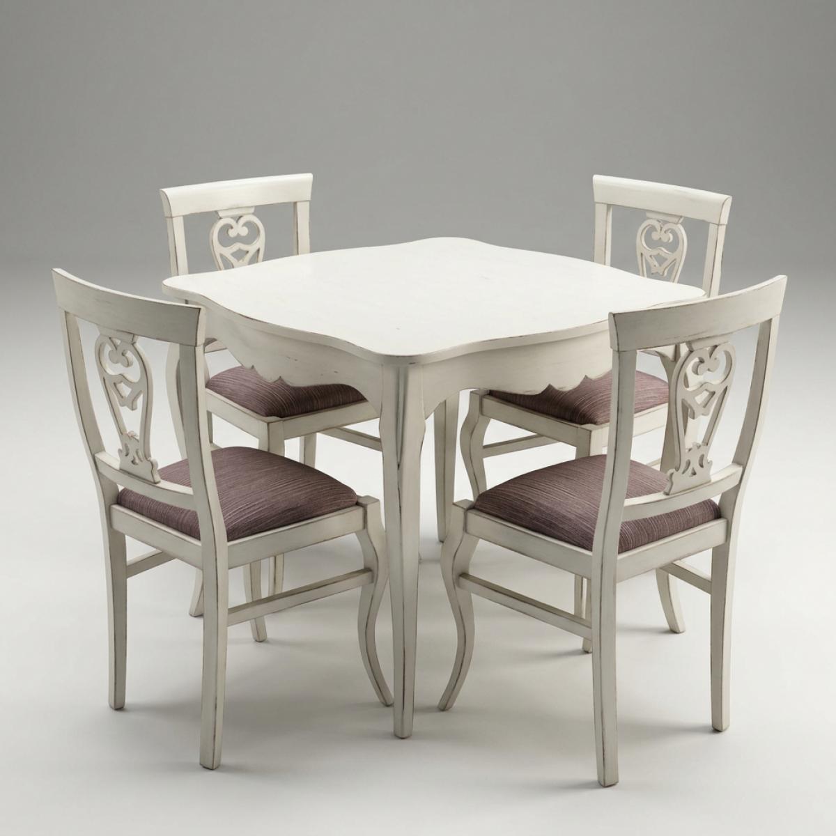 Elfenbeinfarbiges, skulptiertes Barock Luxus Esszimmer-Set — 1 quadratischer Tisch & 4 Esszimmerstühle - Barock Esszimmer-Set Vorderansicht von Luxury Group International