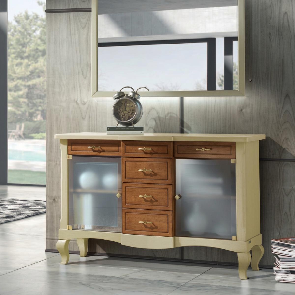 Ivory & Walnut Luxury Baroque Sideboard with Frosted Glass Doors & Multi Drawer Storage - Baroque Furniture Front View by Luxury Group International
