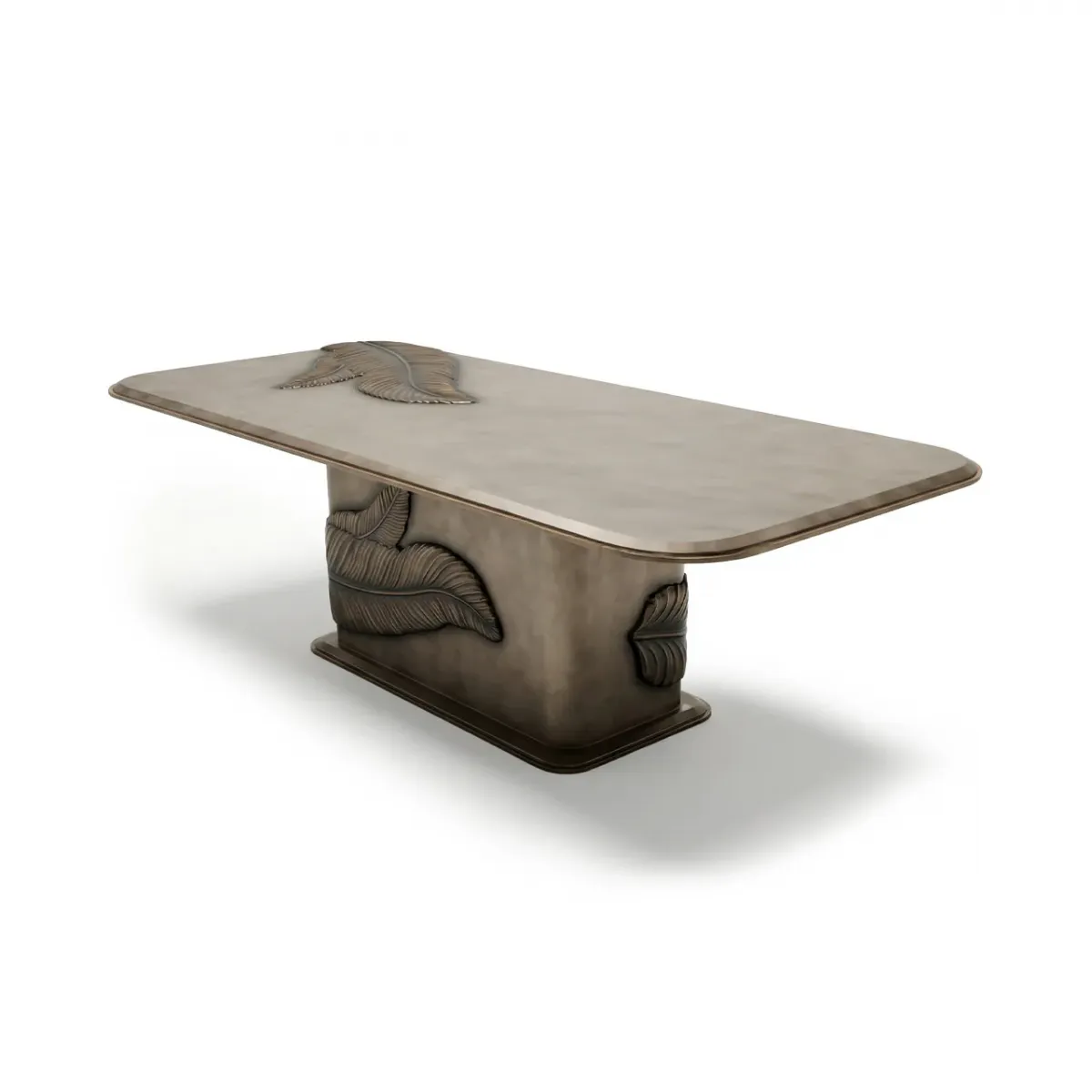 Sculptural Luxury Dining Table in warm taupe satin-matte with antique bronze leaf design by Luxury Group International
