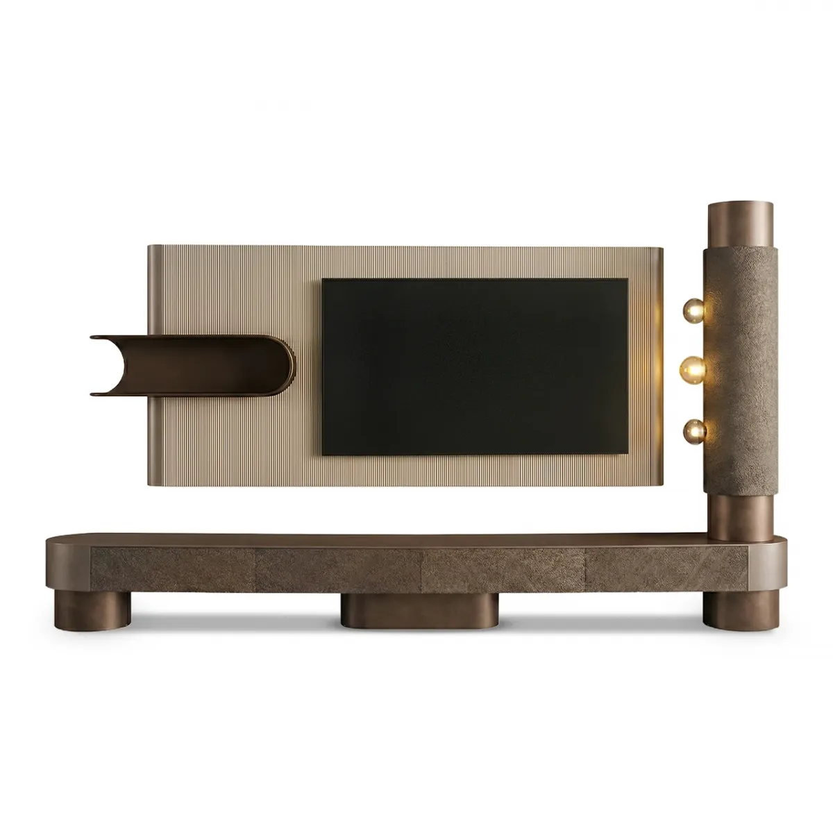 Brown & cream Luxury Modern Art Deco wooden TV unit with ribbed backdrop by Luxury Group International