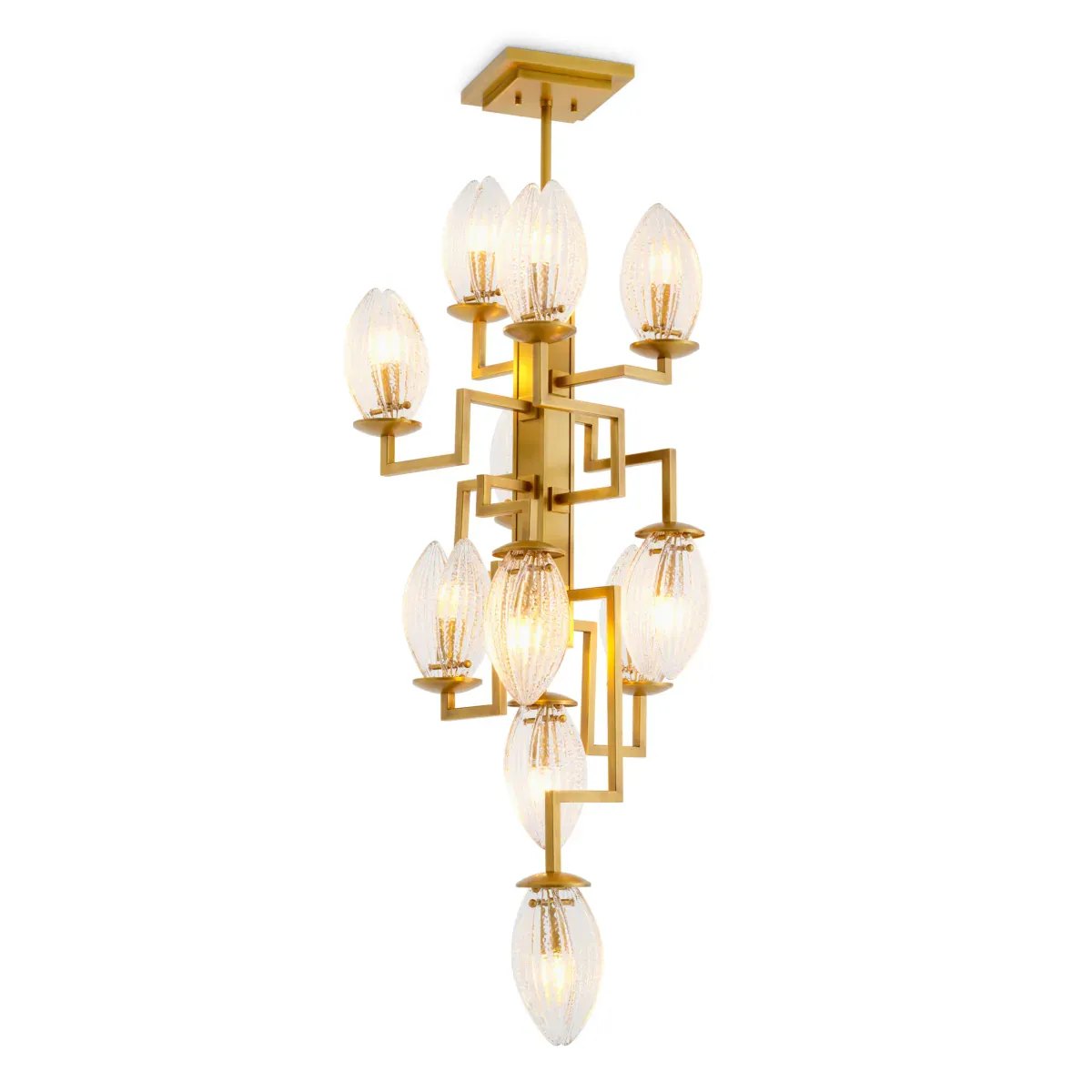 Luxus Geometrischer Gold-Kronleuchter mit Skulpturalem Multi-Arm-Glaslicht-Design von Luxury Group International