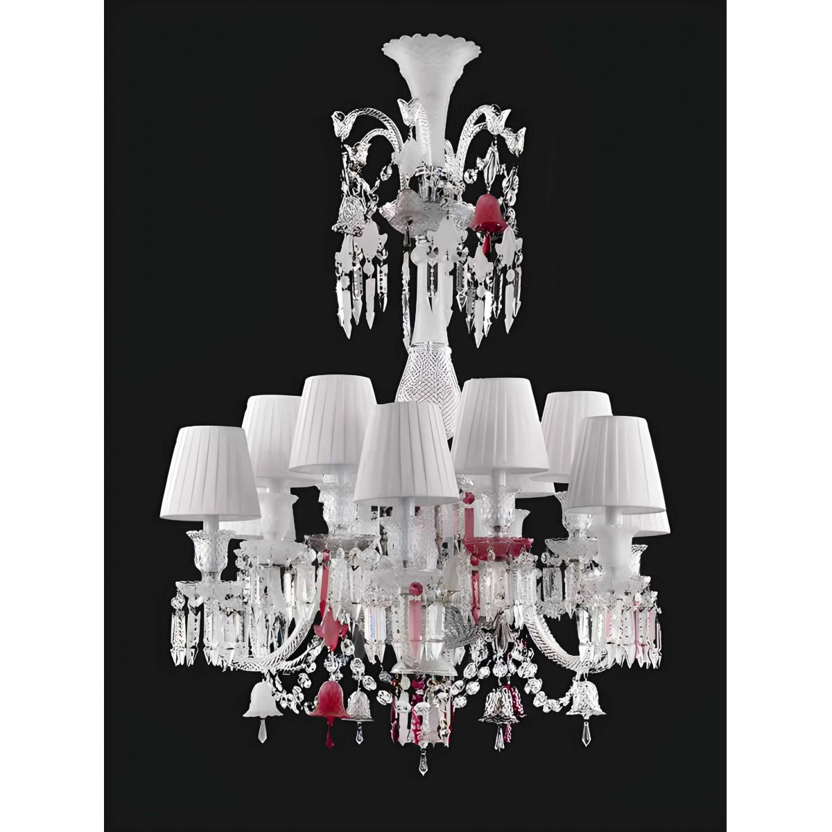 Luxury 12 lights Chandelier in Silver Polished Crystal with white lampshades & crystal drops by Luxury Group International