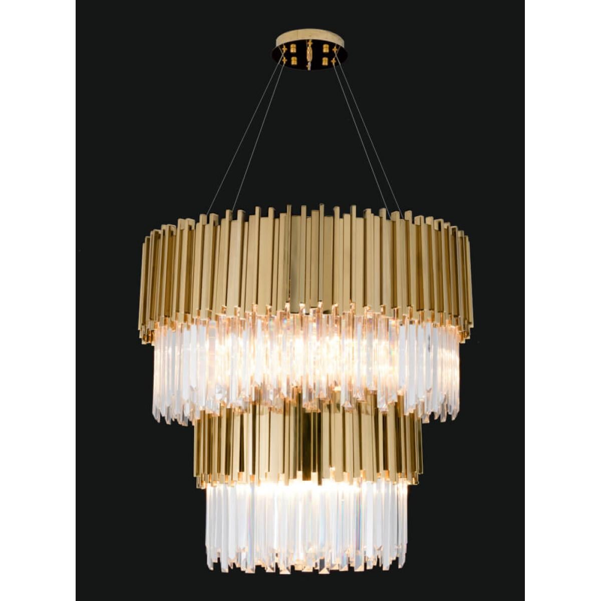 Luxuriöser 2-stufiger Glasrohr-Kronleuchter mit goldenem Kristall von Luxury Group International
