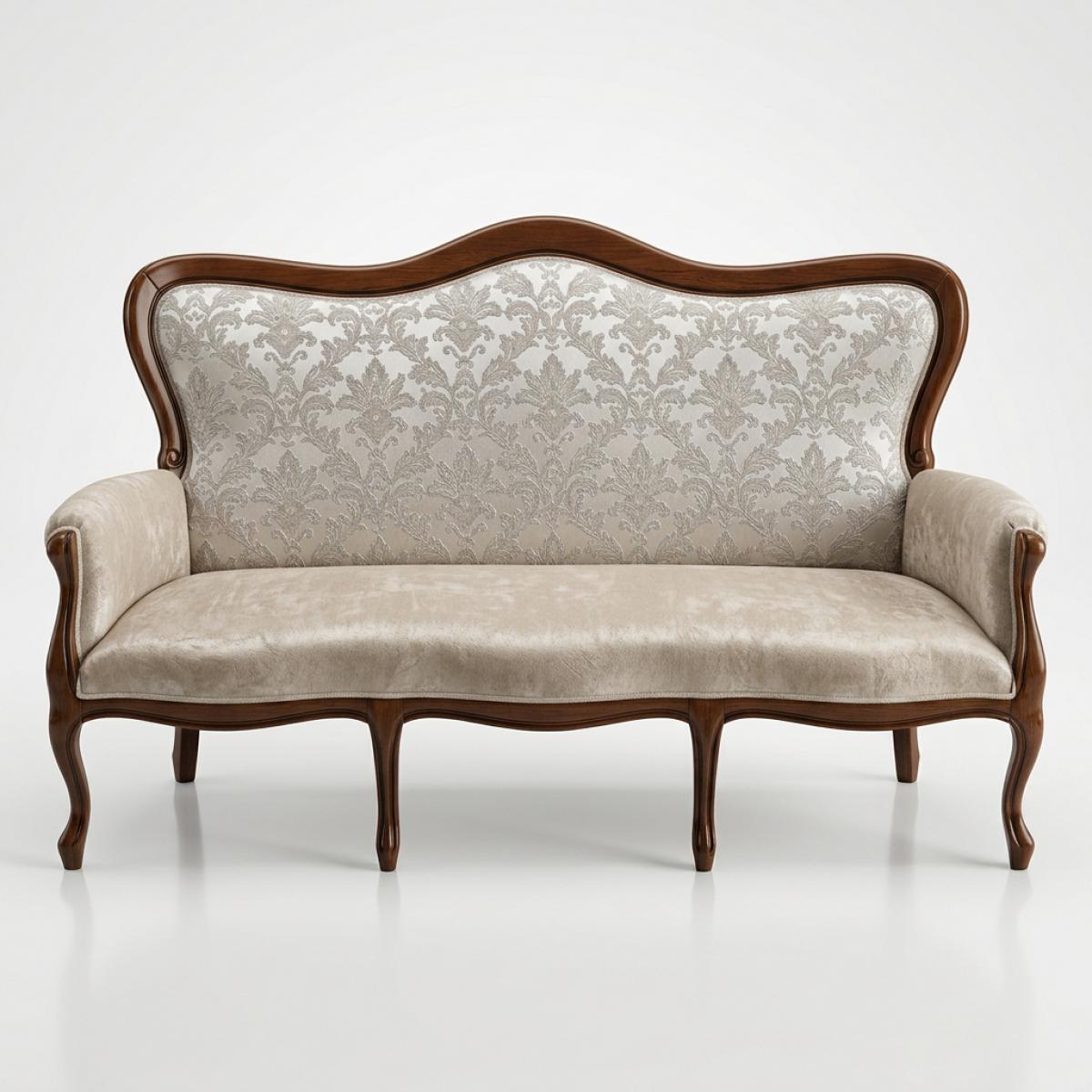 Luxus 3-Sitzer Sofa mit Damast-Bezug im Nussbaumholzrahmen – Wohnzimmermöbel Vorderansicht von Luxury Group International
