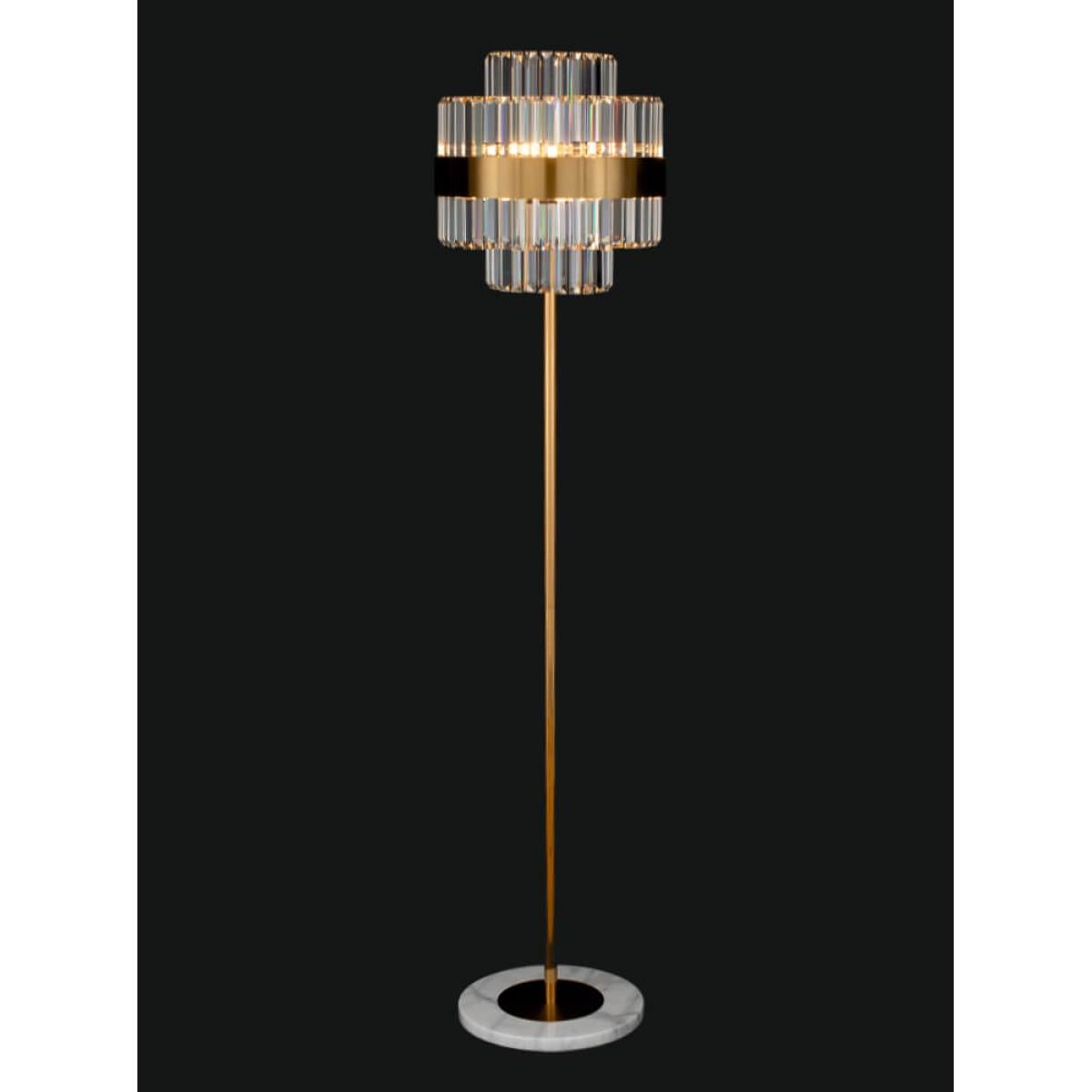 Luxury Art Deco Crystal Prism Long Golden Rod Floor Lamp with Marble Base and Brass Band by Luxury Group International