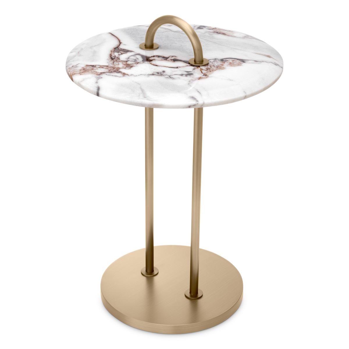 Luxury Art Deco Round White Marble Top Brushed Brass Side Table with Handle by Luxury Group International