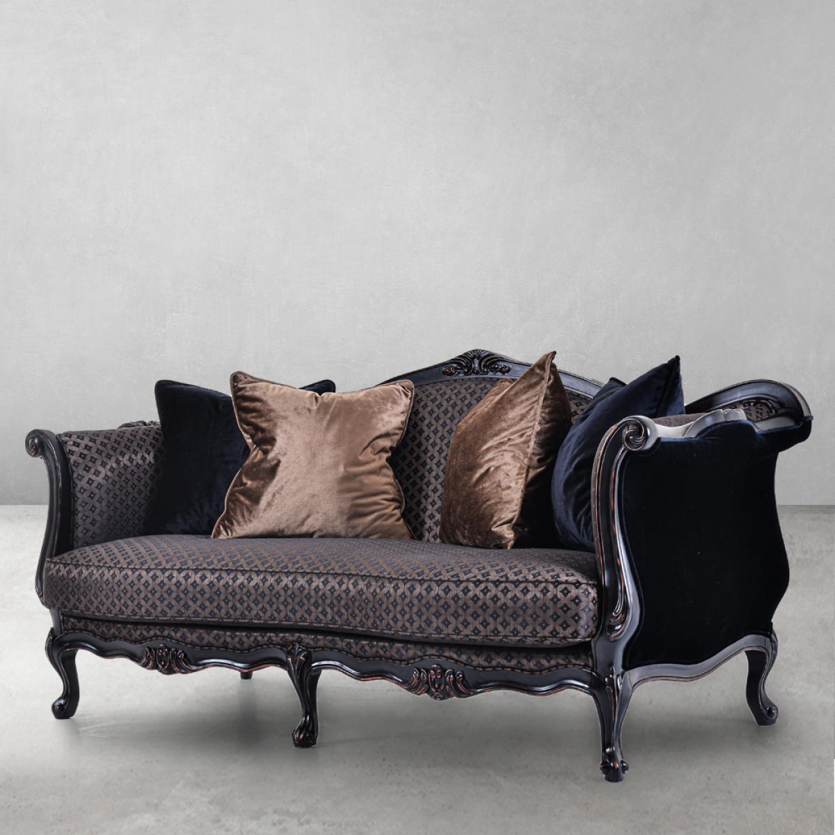 Luxury Baroque 2-Seater Velvet Sofa with Textured Jacquard Upholstery in Black Wooden Frame Front View by Luxury Group International