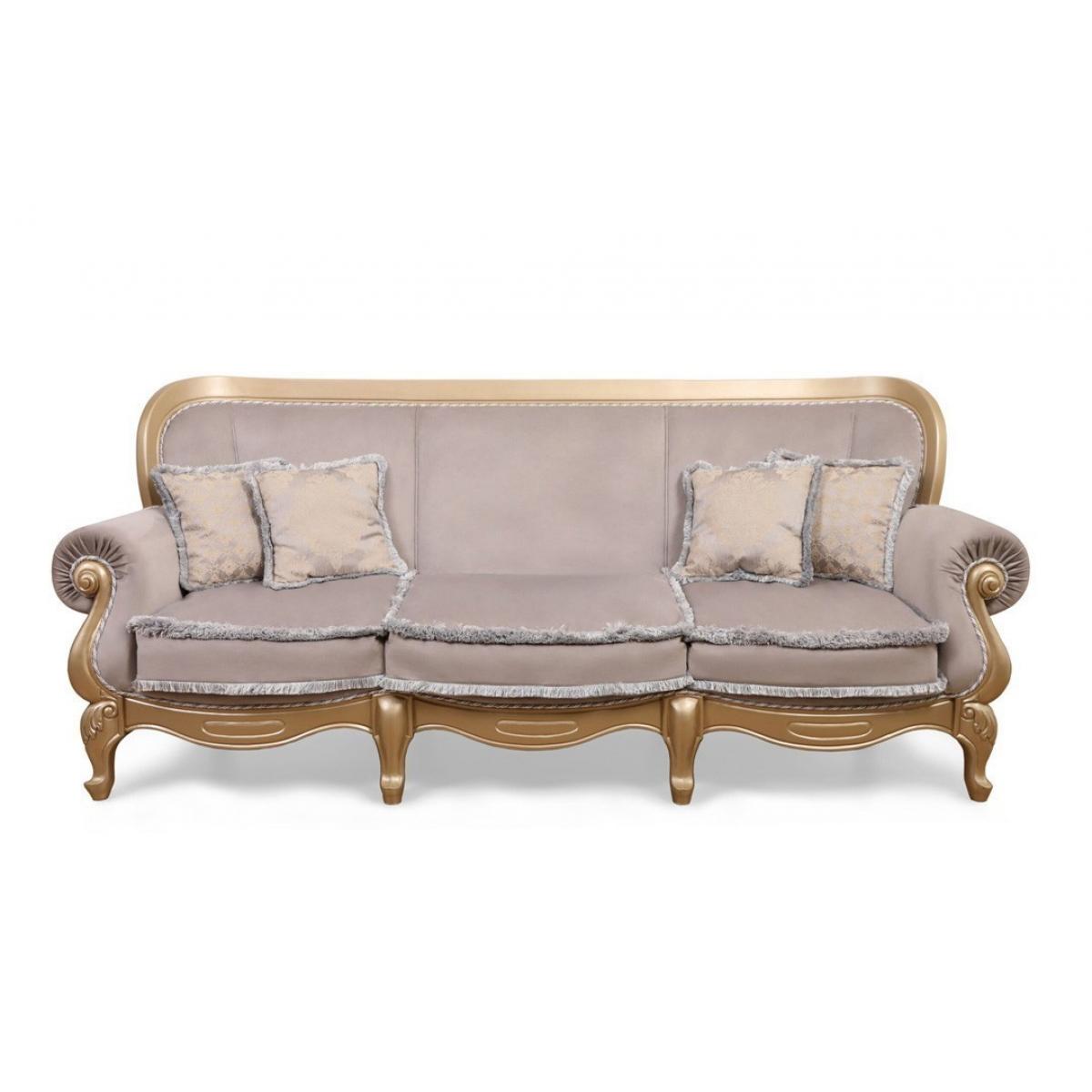Luxus Barock 3-Sitzer Sofa mit taupefarbenem Samtbezug und goldverziertem Holzrahmen Vorderansicht von Luxury Group International