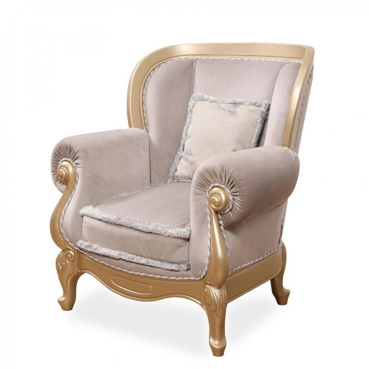 Luxuriöser Barock-Sessel mit taupefarbenem Samtbezug und goldverziertem Holzrahmen Vorderansicht von Luxury Group International