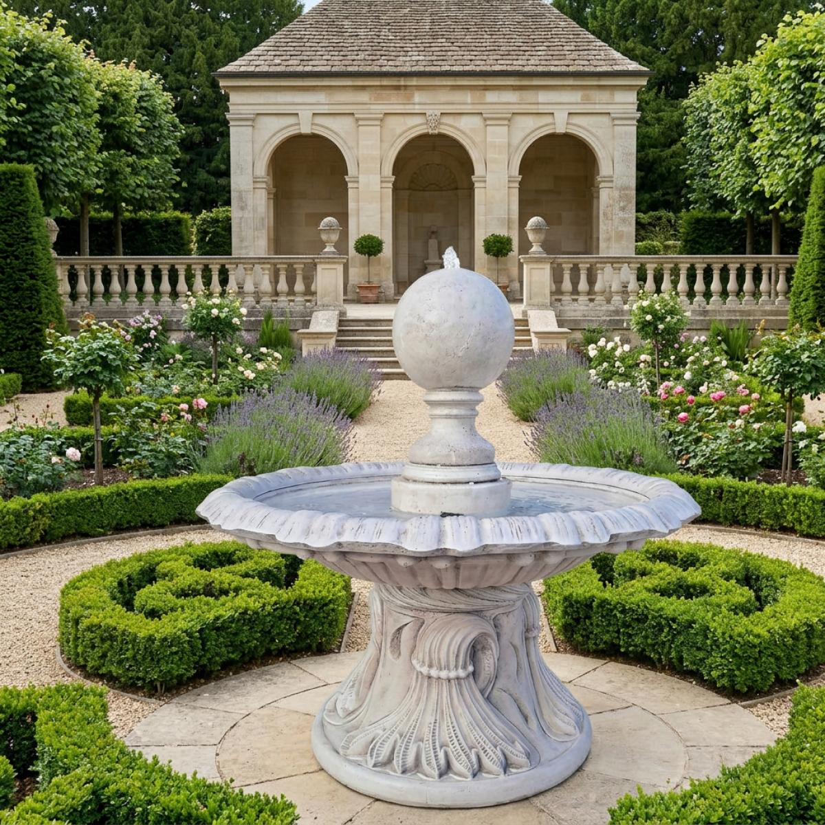 Fuente de Agua de Chorro Central con Esfera Barroca de Lujo con Cuenca Esculpida y Base de Pedestal - Fuente Barroca Vista frontal por Luxury Group International