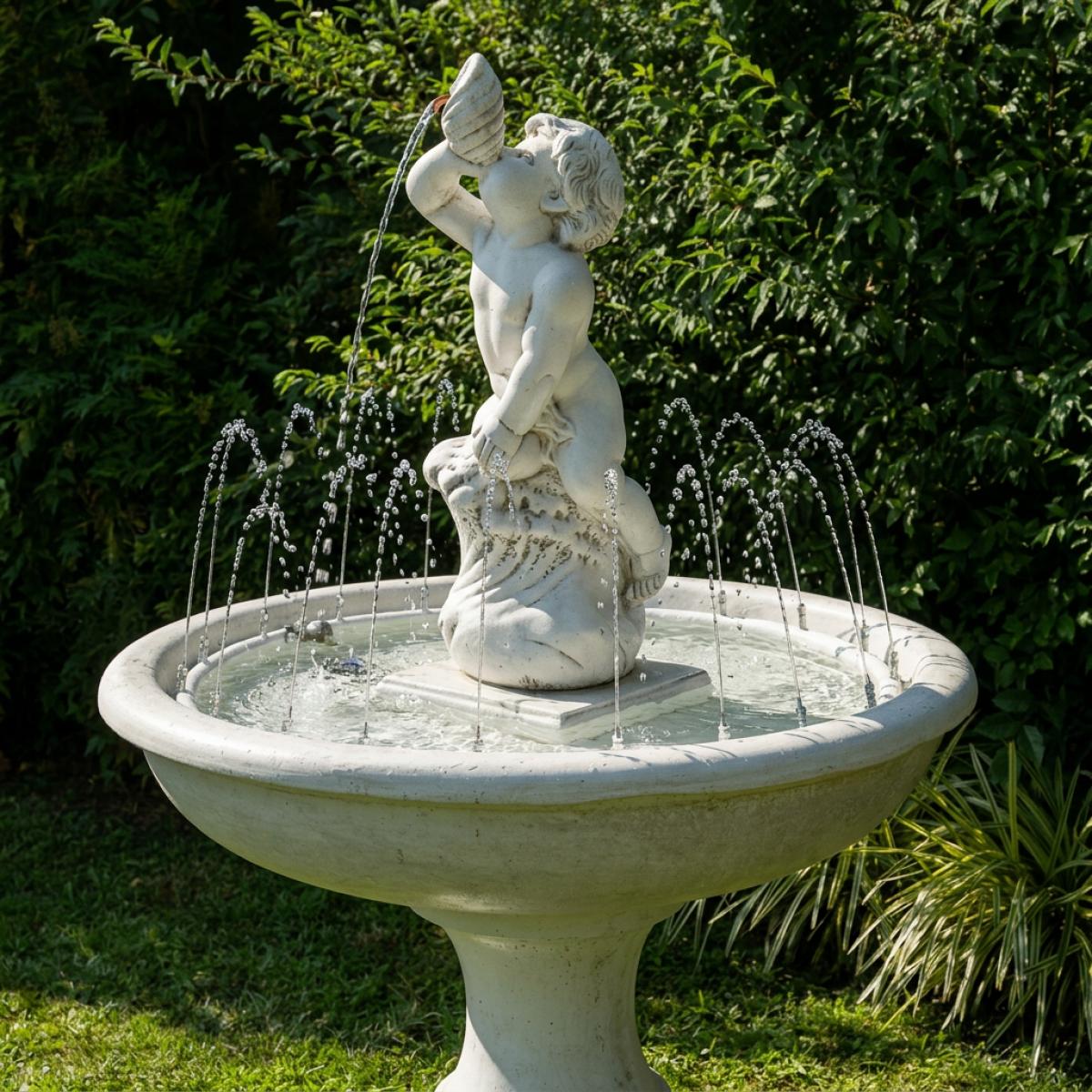 Fontana d'Acqua Barocca di Lusso con Cherubino, Bacino Circolare e Getti d'Acqua Raggianti - Fontana Barocca Vista frontale di Luxury Group International