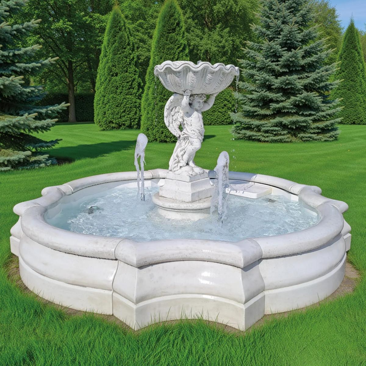 Fuente de Agua Barroca de Lujo con Querubín y Cuenco Superior Esculpido en Cuenca Curvada - Fuente Barroca Vista frontal por Luxury Group International